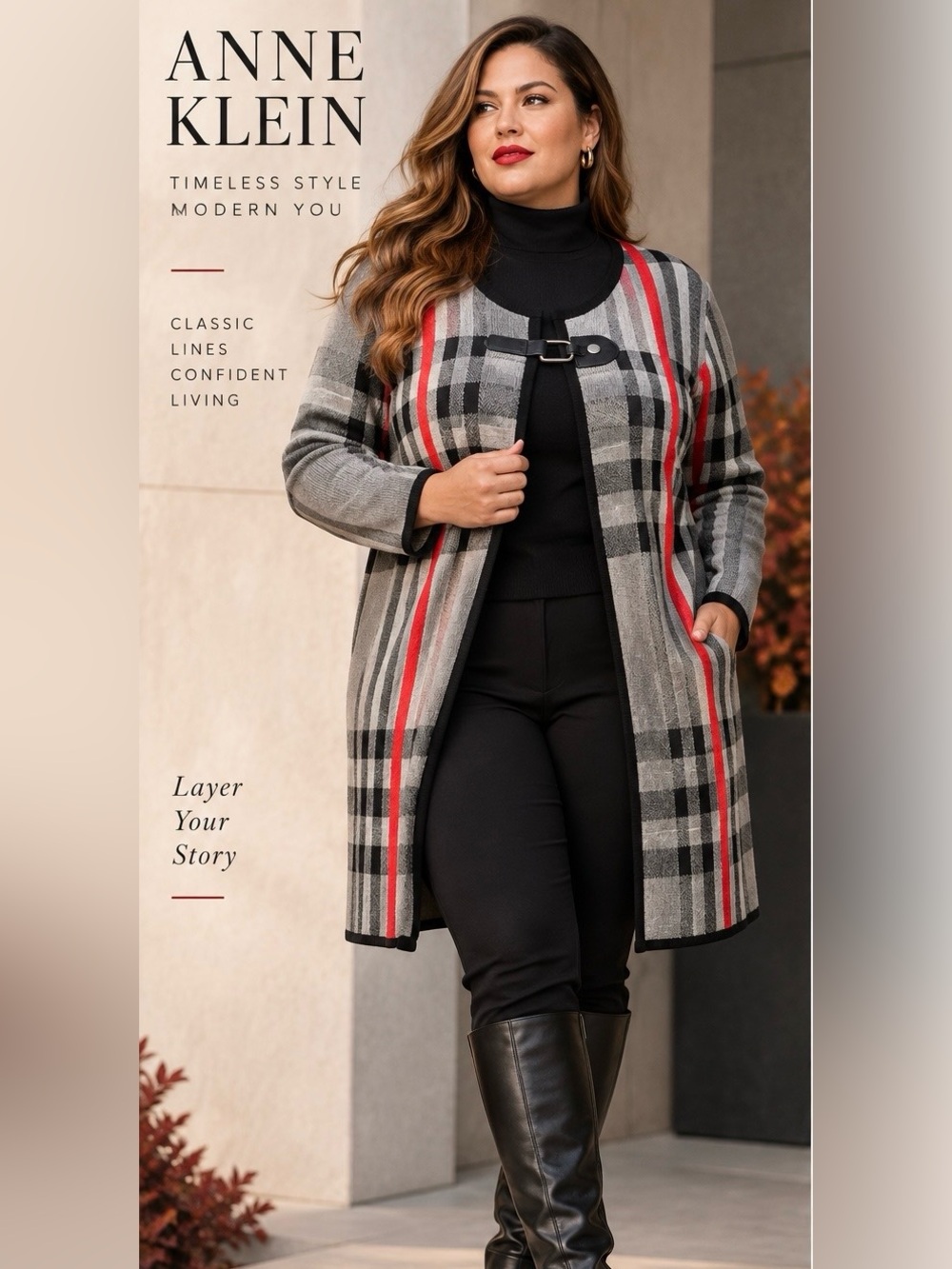 Anne Klein Plaid Cotton Blend Sweater Coat Long Cardigan Buckle Fall Autumn